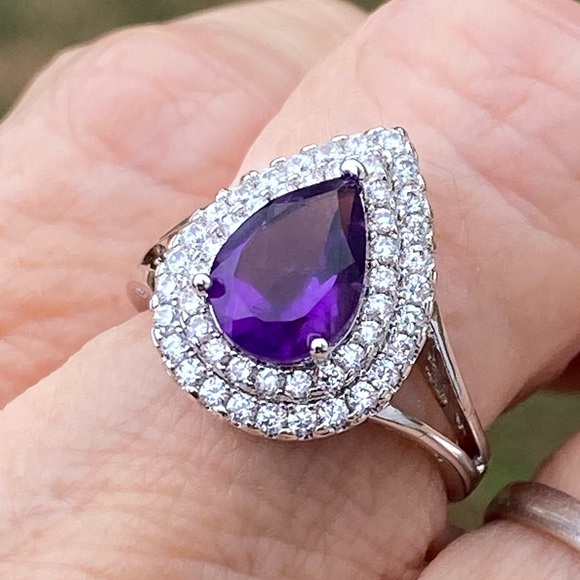 Amethyst teardrop halo ring platinum plated sz 7 brand new in box - Picture 9 of 16